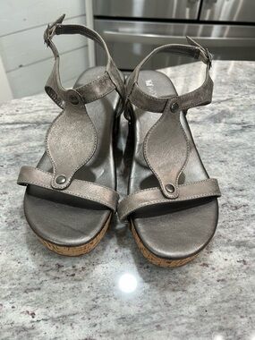 Women's Metallic Gray Cork Wedge Sandals - Ankle Strap Comfort